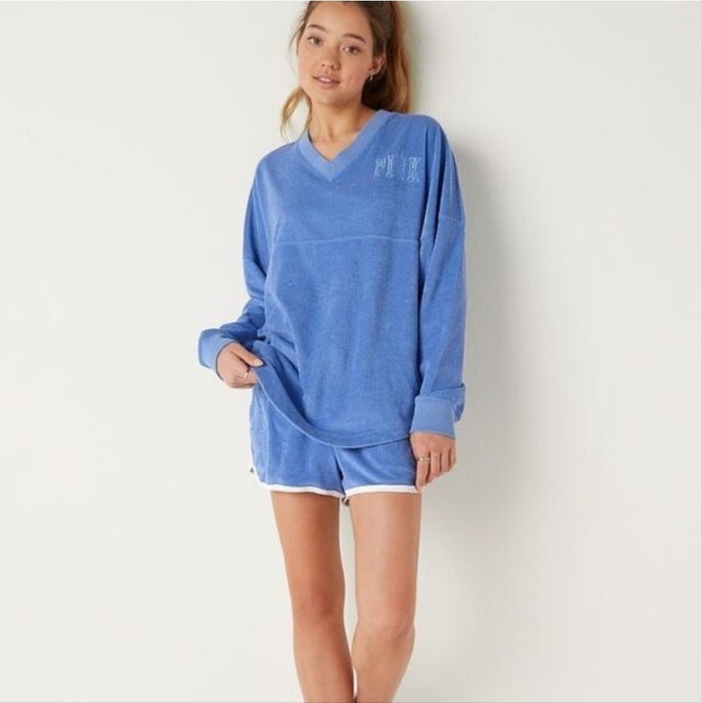 PINK Victoria's Secret Blue Terry Cloth Loungewear Oversized Vneck Sweatshirt SM